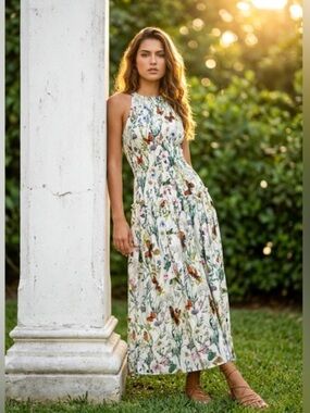 Avec Les Filles Maxi Dress Butterfly Print Sleeveless Boho Artsy 4